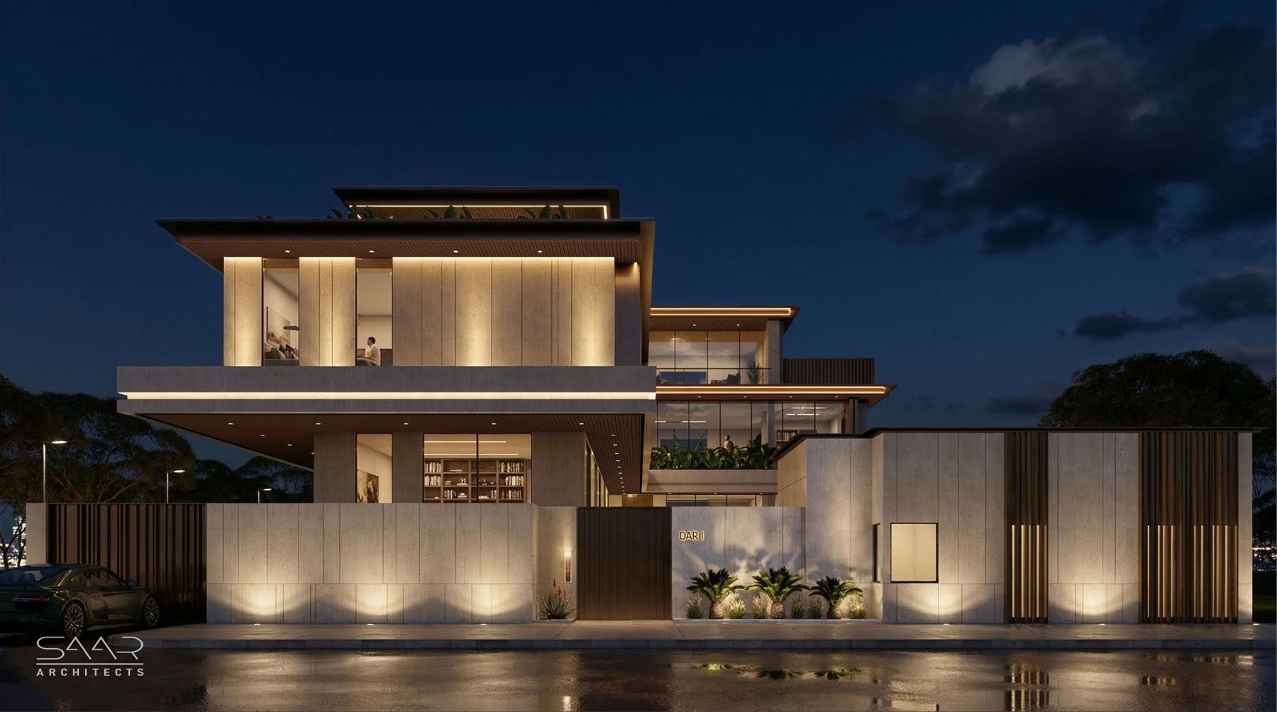 DAR I at dusk, lit stone facade and timber screens
